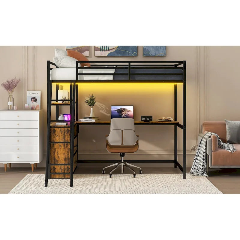 Metall-Hochbett mit Schreibtisch, Schubladen, Regalen und LED-Beleuchtung – Weiß und Eiche