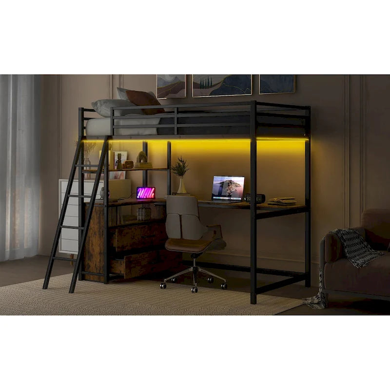 Metall-Hochbett mit Schreibtisch, Schubladen, Regalen und LED-Beleuchtung – Weiß und Eiche