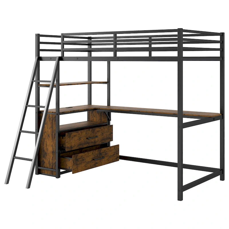 Metall-Hochbett mit Schreibtisch, Schubladen, Regalen und LED-Beleuchtung – Weiß und Eiche