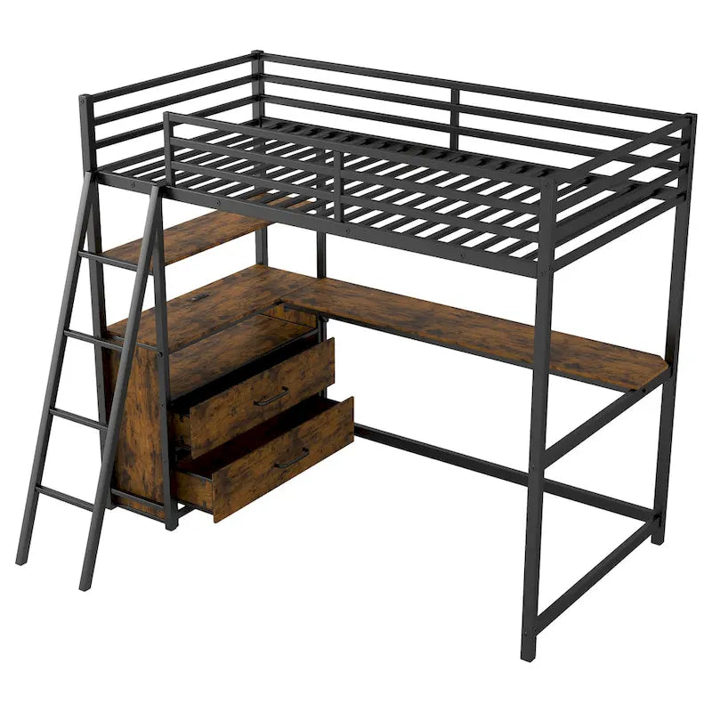 Metall-Hochbett mit Schreibtisch, Schubladen, Regalen und LED-Beleuchtung – Weiß und Eiche