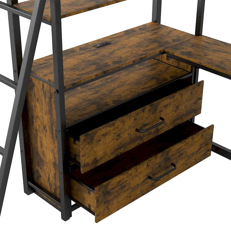 Metall-Hochbett mit Schreibtisch, Schubladen, Regalen und LED-Beleuchtung – Weiß und Eiche