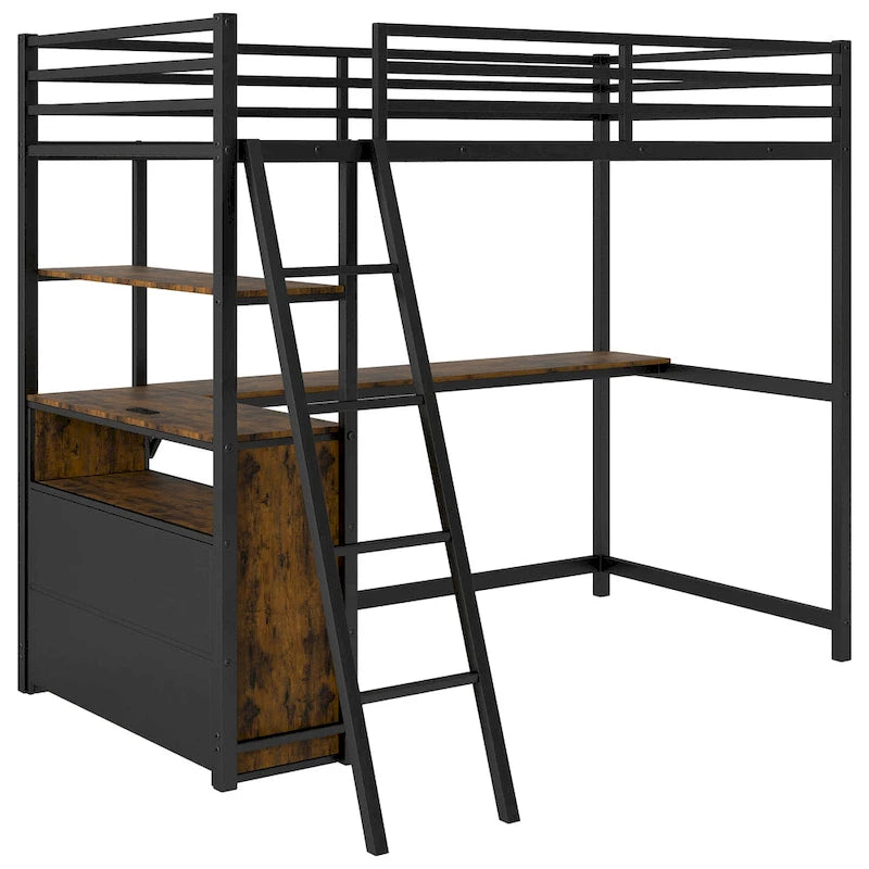 Metall-Hochbett mit Schreibtisch, Schubladen, Regalen und LED-Beleuchtung – Weiß und Eiche