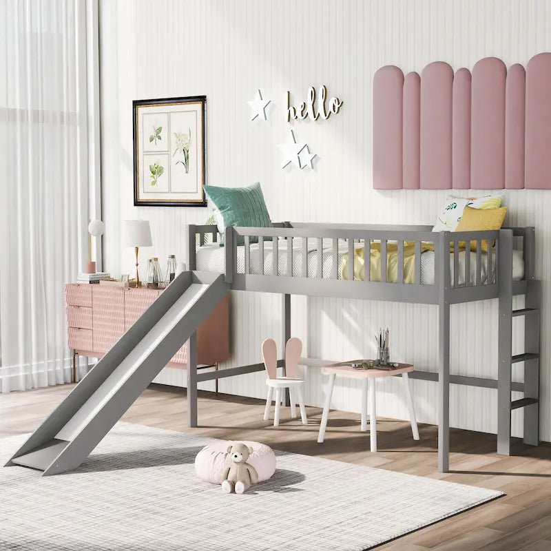 Low Loft Kids Bed with Removable Slide Ladder Pine Wood White