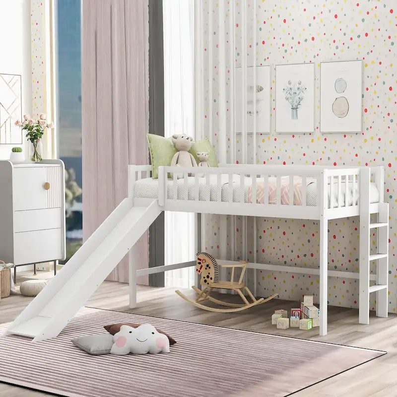 Low Loft Kids Bed with Removable Slide Ladder Pine Wood White