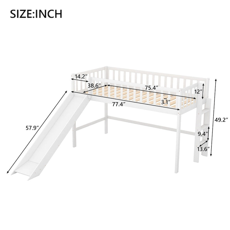 Low Loft Kids Bed with Removable Slide Ladder Pine Wood White