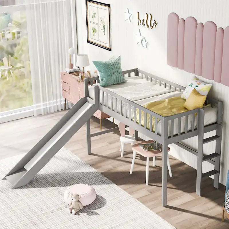 Low Loft Kids Bed with Removable Slide Ladder Pine Wood White