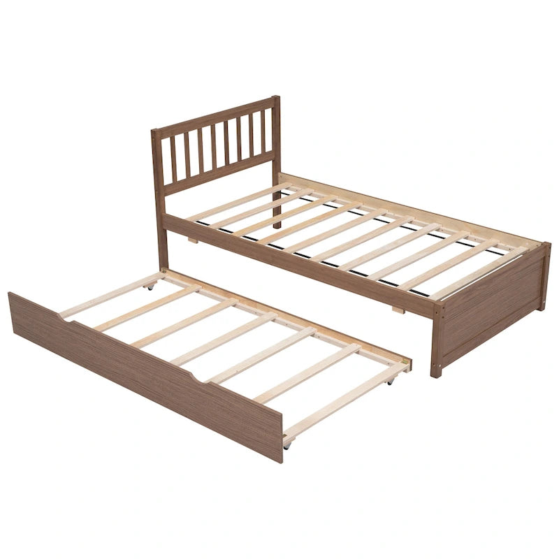 Walnut Wood Twin Bed Frame with Fence Headboard and Pull-Out Trundle