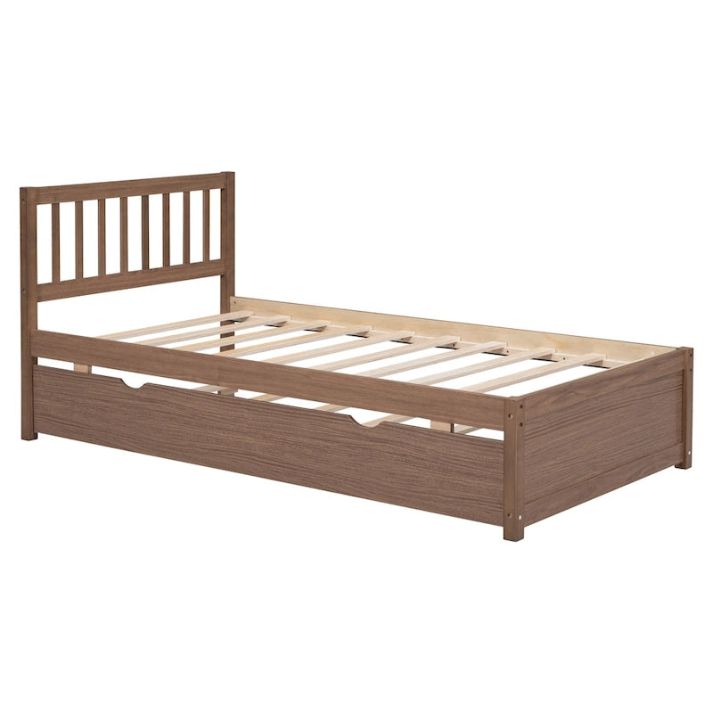 Walnut Wood Twin Bed Frame with Fence Headboard and Pull-Out Trundle