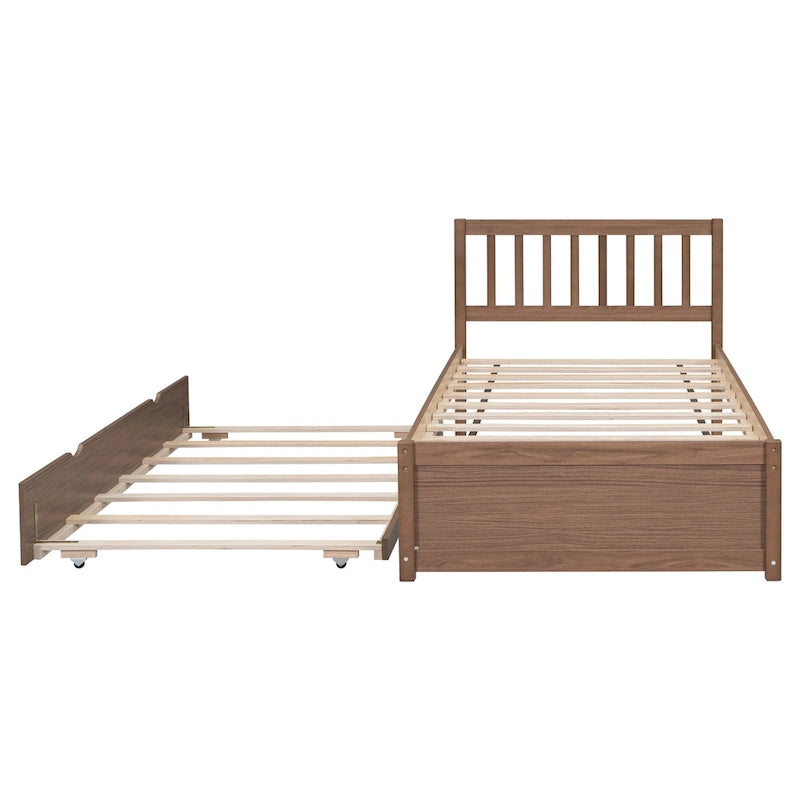 Walnut Wood Twin Bed Frame with Fence Headboard and Pull-Out Trundle