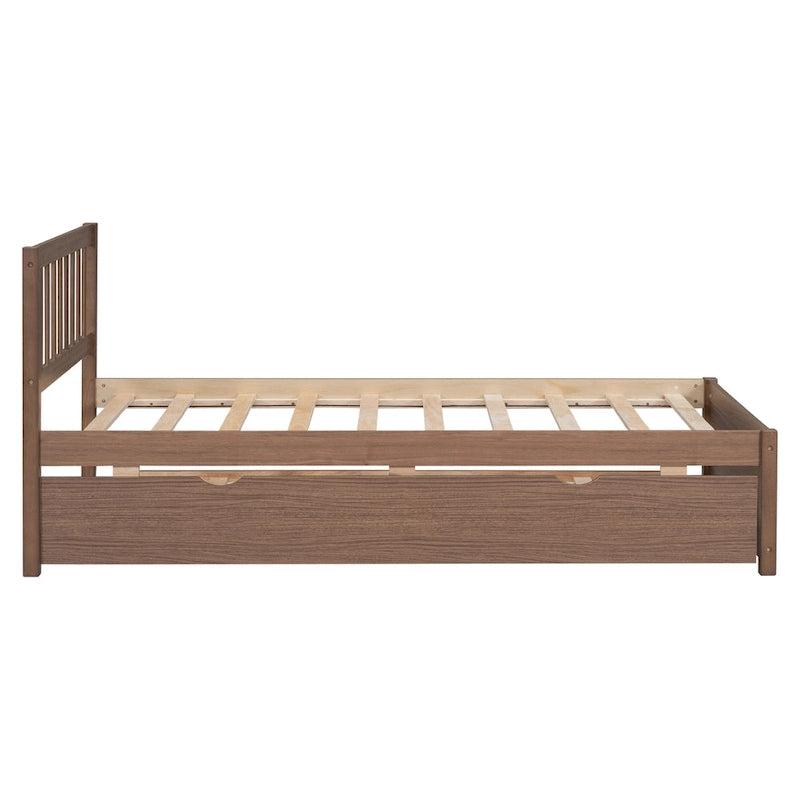 Walnut Wood Twin Bed Frame with Fence Headboard and Pull-Out Trundle