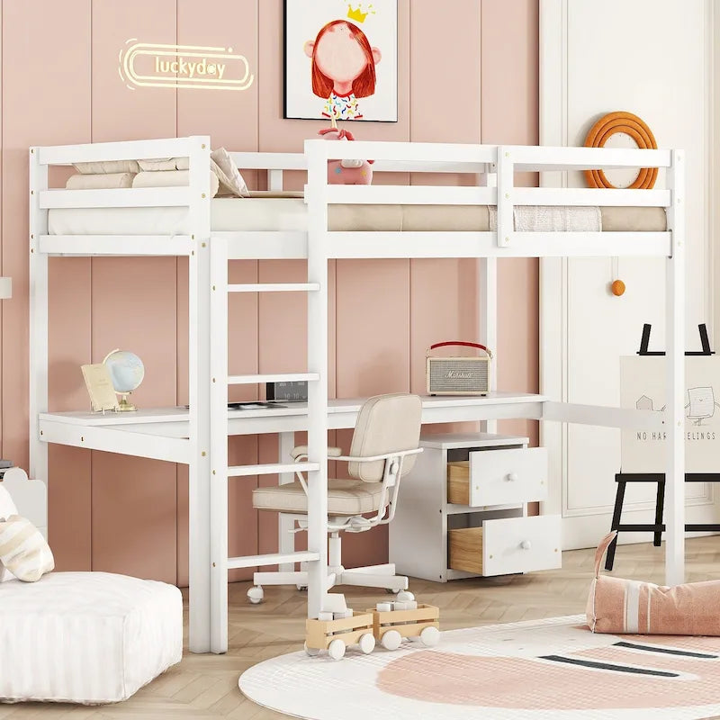 Cama alta de madera con escritorio incorporado, gabinete de almacenamiento, barandillas y escalera, blanca y gris