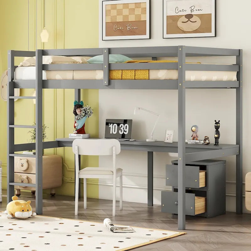 Wood Loft Bed with Built-in Desk, Storage Cabinet, Guardrails and Ladder, White & Grey