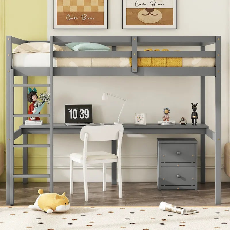 Cama alta de madera con escritorio incorporado, gabinete de almacenamiento, barandillas y escalera, blanca y gris