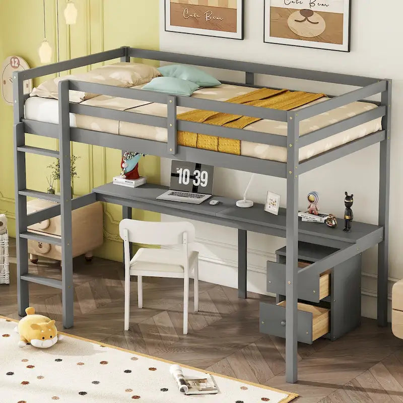 Cama alta de madera con escritorio incorporado, gabinete de almacenamiento, barandillas y escalera, blanca y gris