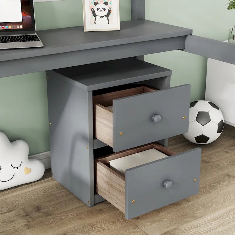 Cama alta de madera con escritorio incorporado, gabinete de almacenamiento, barandillas y escalera, blanca y gris