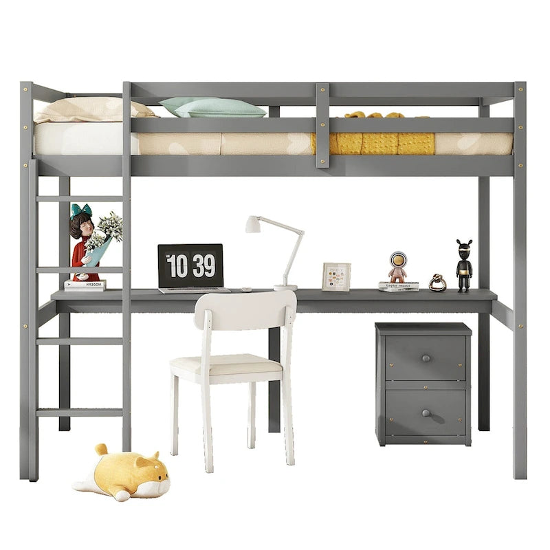 Cama alta de madera con escritorio incorporado, gabinete de almacenamiento, barandillas y escalera, blanca y gris