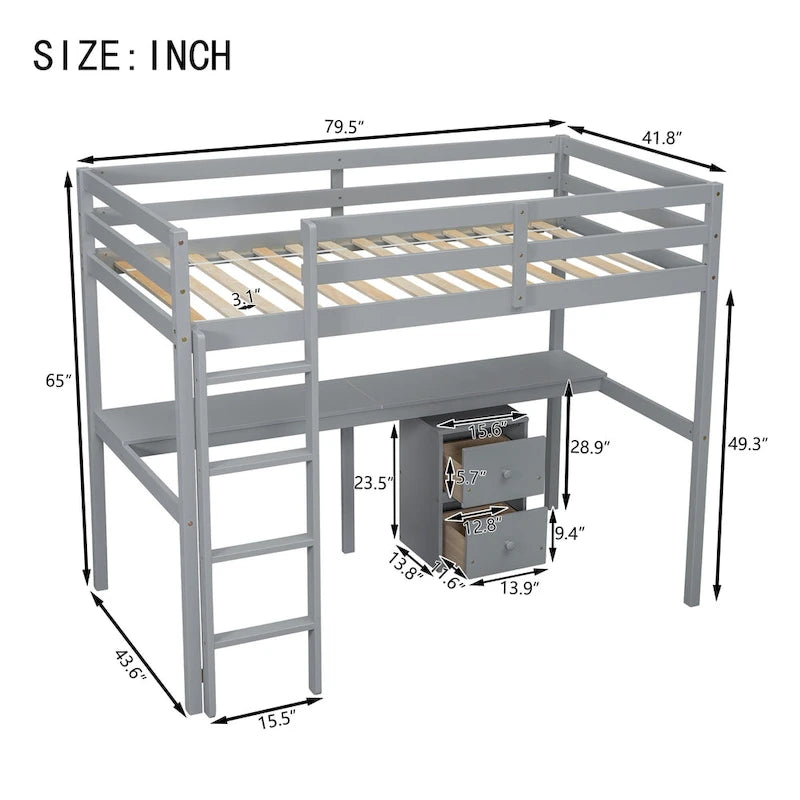 Cama alta de madera con escritorio incorporado, gabinete de almacenamiento, barandillas y escalera, blanca y gris