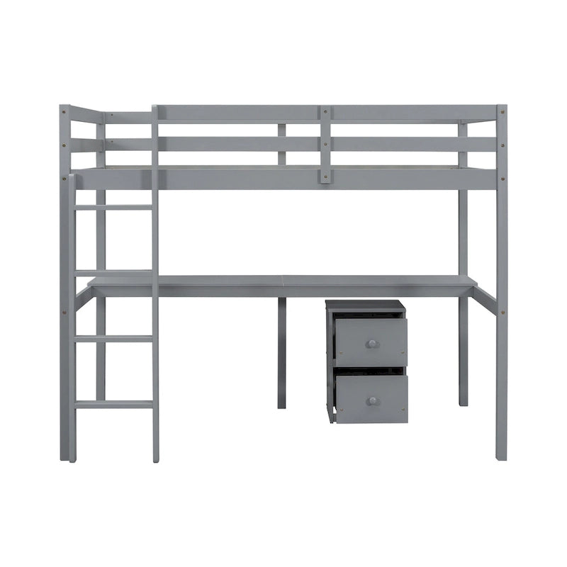Cama alta de madera con escritorio incorporado, gabinete de almacenamiento, barandillas y escalera, blanca y gris