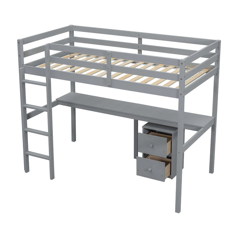 Cama alta de madera con escritorio incorporado, gabinete de almacenamiento, barandillas y escalera, blanca y gris