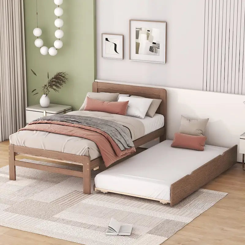 Walnut Brown Solid Wood Twin Bed Frame with Pull-Out Trundle