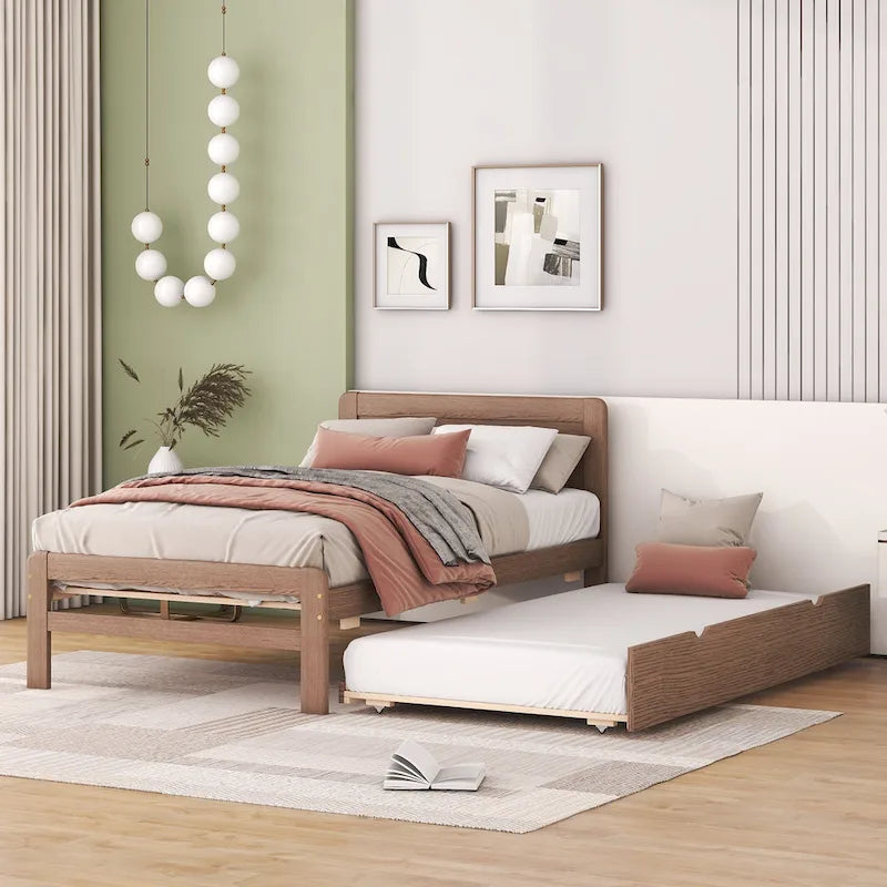 Walnut Brown Solid Wood Twin Bed Frame with Pull-Out Trundle