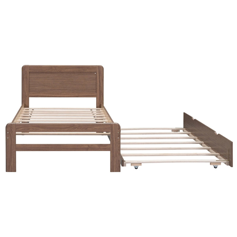 Walnut Brown Solid Wood Twin Bed Frame with Pull-Out Trundle