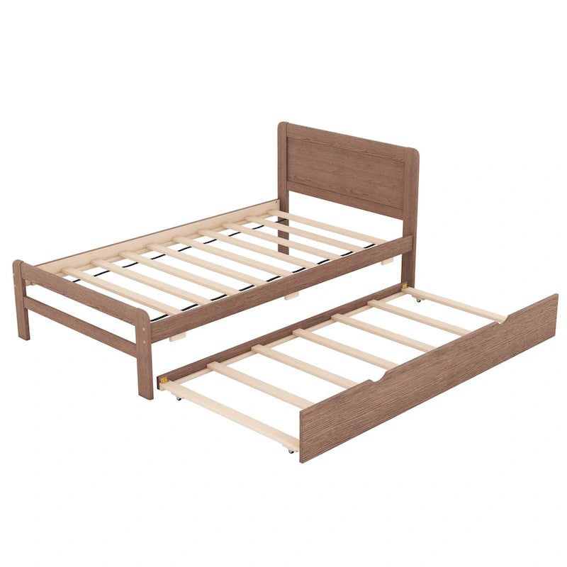 Walnut Brown Solid Wood Twin Bed Frame with Pull-Out Trundle