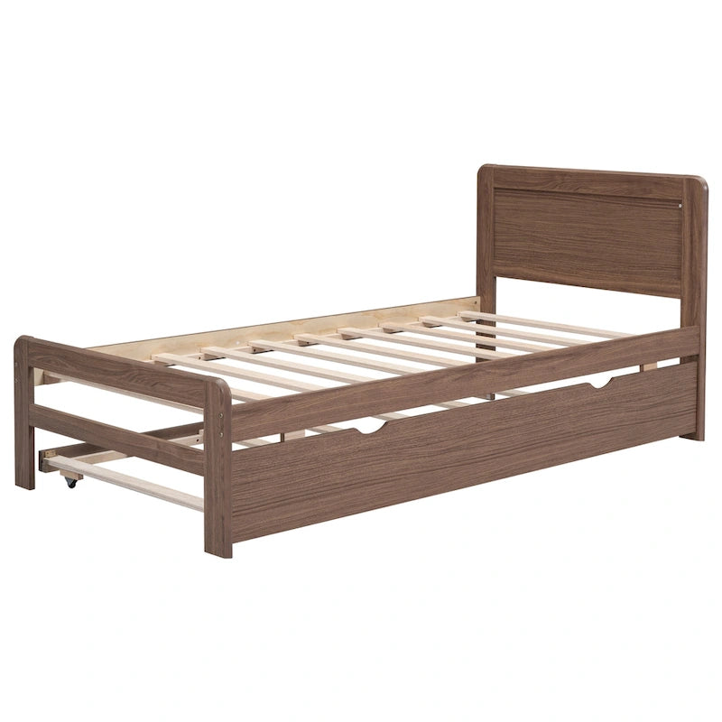 Walnut Brown Solid Wood Twin Bed Frame with Pull-Out Trundle