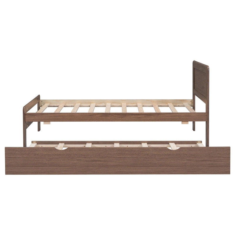 Walnut Brown Solid Wood Twin Bed Frame with Pull-Out Trundle