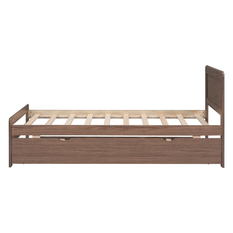 Walnut Brown Solid Wood Twin Bed Frame with Pull-Out Trundle