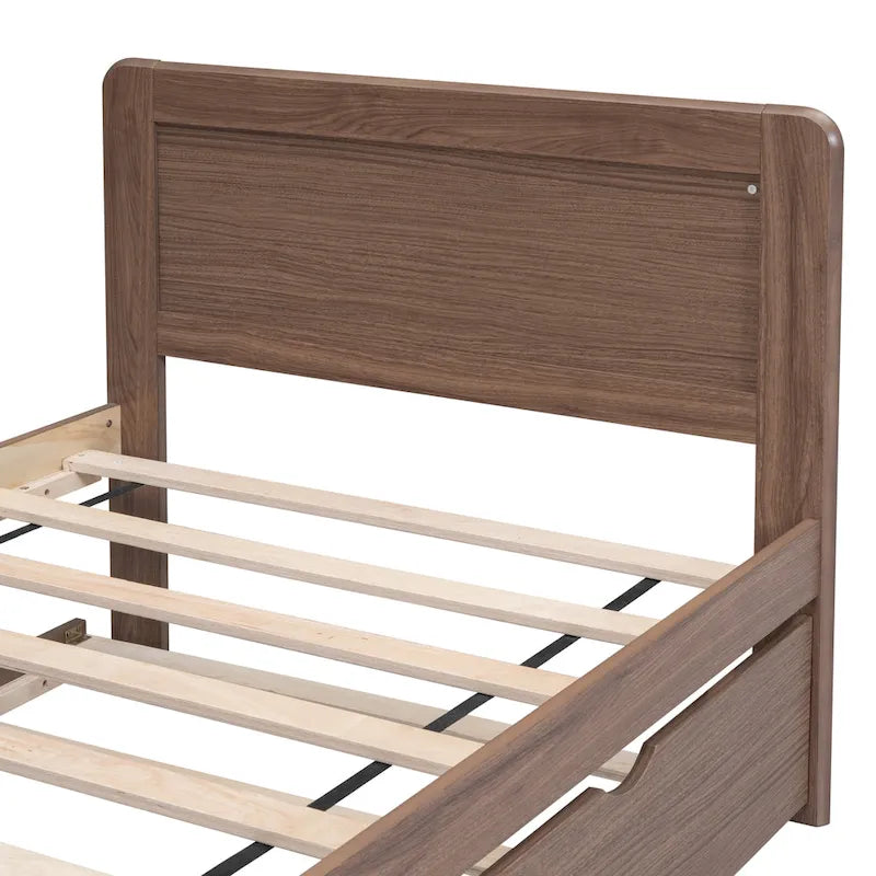 Walnut Brown Solid Wood Twin Bed Frame with Pull-Out Trundle