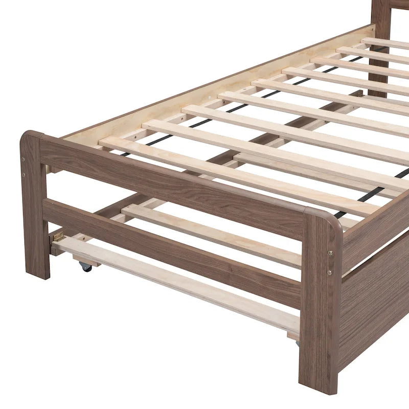 Walnut Brown Solid Wood Twin Bed Frame with Pull-Out Trundle