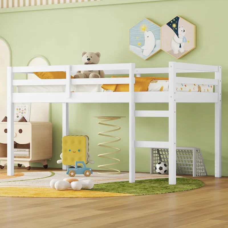 Low Profile Twin Loft Bed Rubber Wood Ladder Guard Rails White Grey Espresso