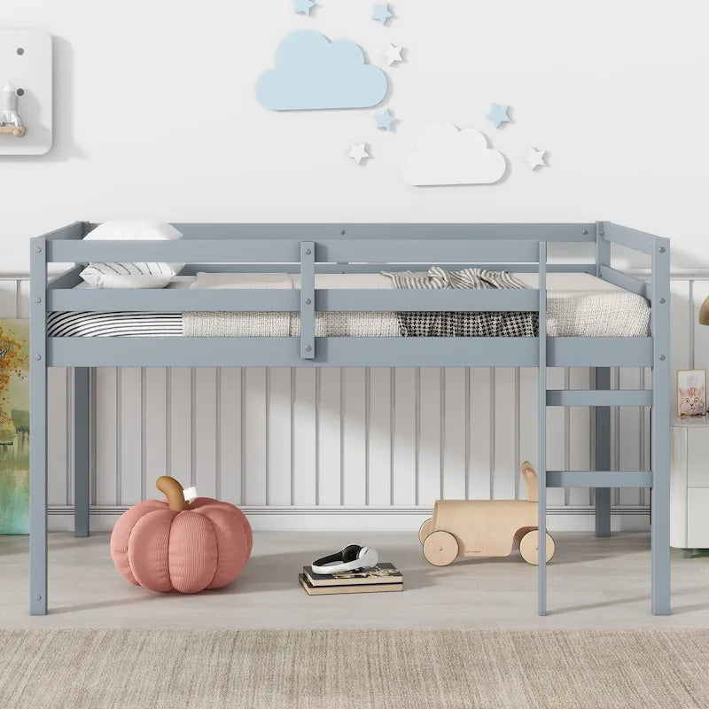 Low Profile Twin Loft Bed Rubber Wood Ladder Guard Rails White Grey Espresso