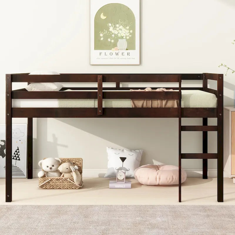 Low Profile Twin Loft Bed Rubber Wood Ladder Guard Rails White Grey Espresso
