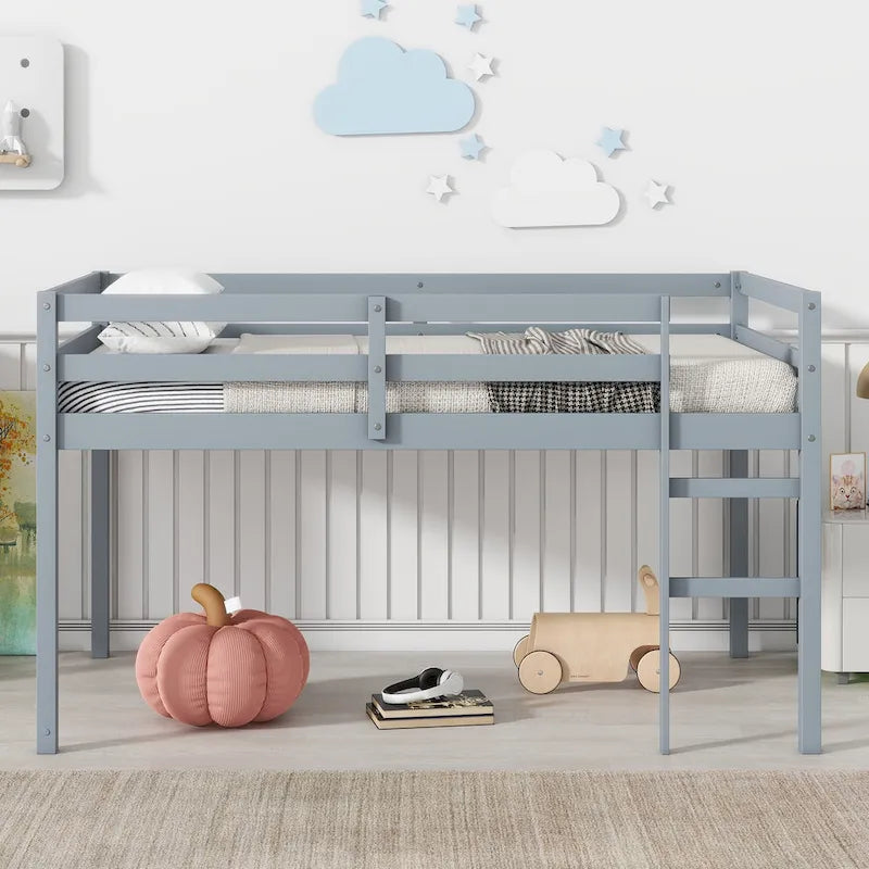 Twin Size Rubber Wooden Loft Bed with Ladder, Bed Platform of Strengthened Slats