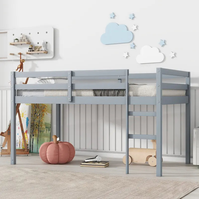 Low Profile Twin Loft Bed Rubber Wood Ladder Guard Rails White Grey Espresso