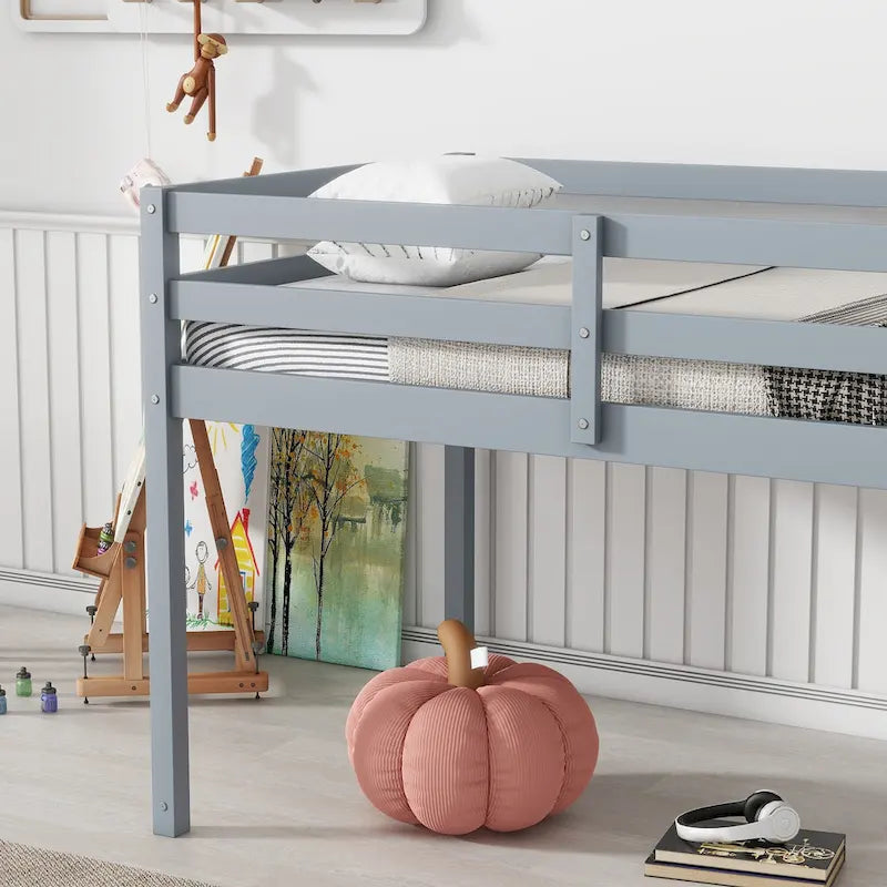 Low Profile Twin Loft Bed Rubber Wood Ladder Guard Rails White Grey Espresso