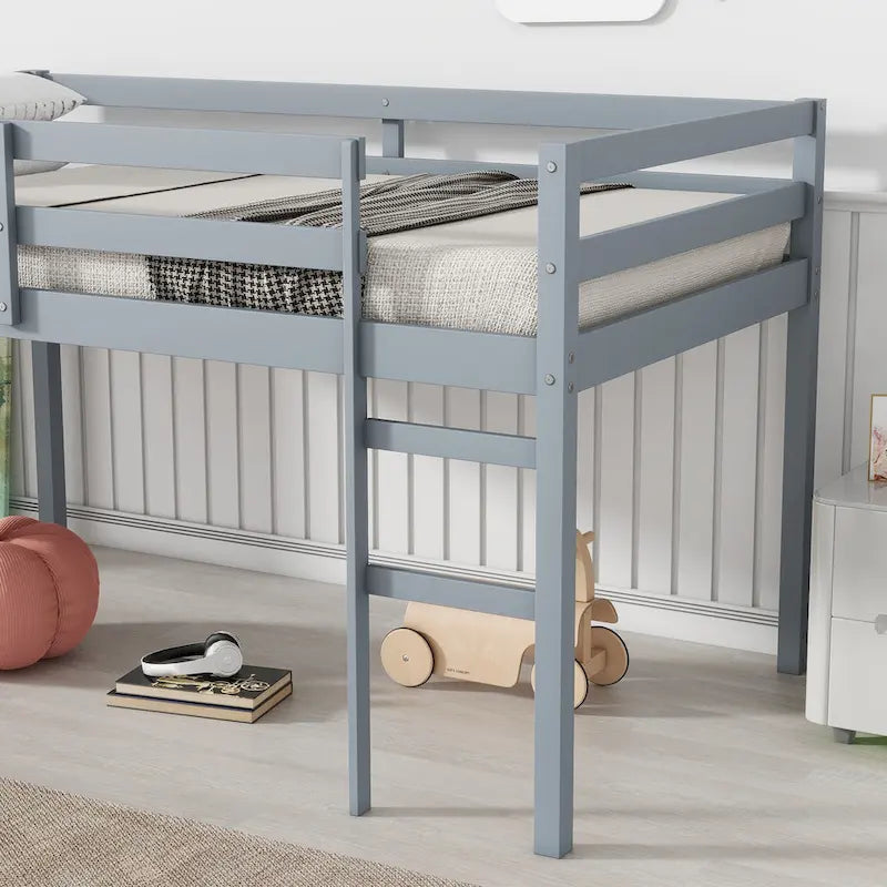 Low Profile Twin Loft Bed Rubber Wood Ladder Guard Rails White Grey Espresso