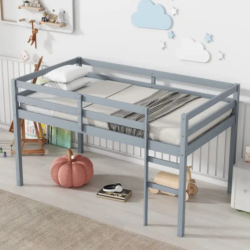 Low Profile Twin Loft Bed Rubber Wood Ladder Guard Rails White Grey Espresso