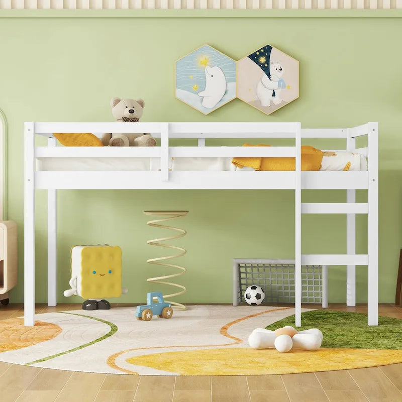 Low Profile Twin Loft Bed Rubber Wood Ladder Guard Rails White Grey Espresso