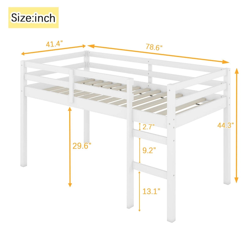 Low Profile Twin Loft Bed Rubber Wood Ladder Guard Rails White Grey Espresso