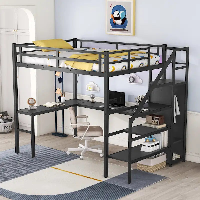 Black Full Size Metal Loft Bed with Desk, Storage Stairs, LED and Wardrobe