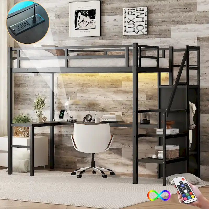 Lit mezzanine noir double XL en métal avec bureau en L, armoire, escalier, USB et LED