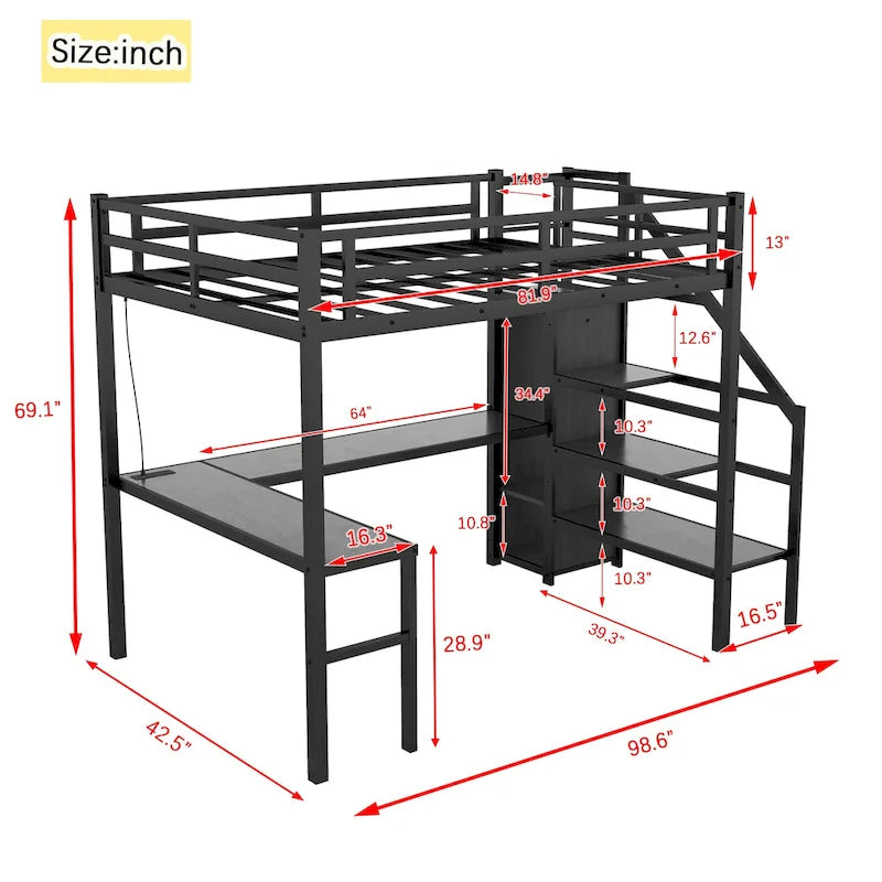 Black Twin XL Size Metal Loft Bed with L-shaped Desk, USB, Wardrobe, and Adjustable Shelf