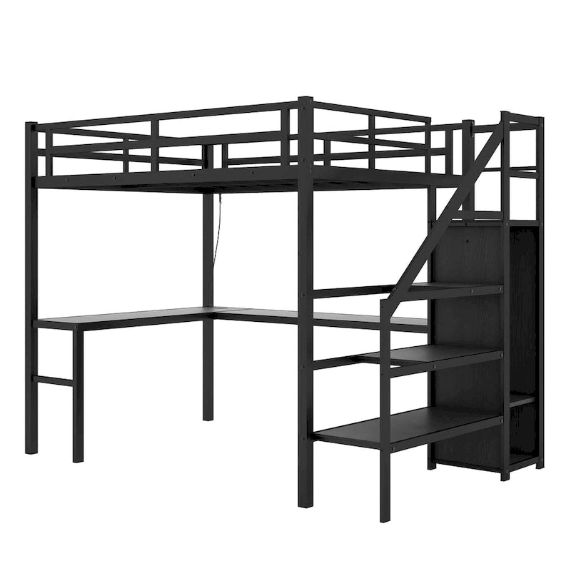 Black Twin XL Metal Loft Bed with L-Shaped Desk, Wardrobe, Stairs, USB and LED