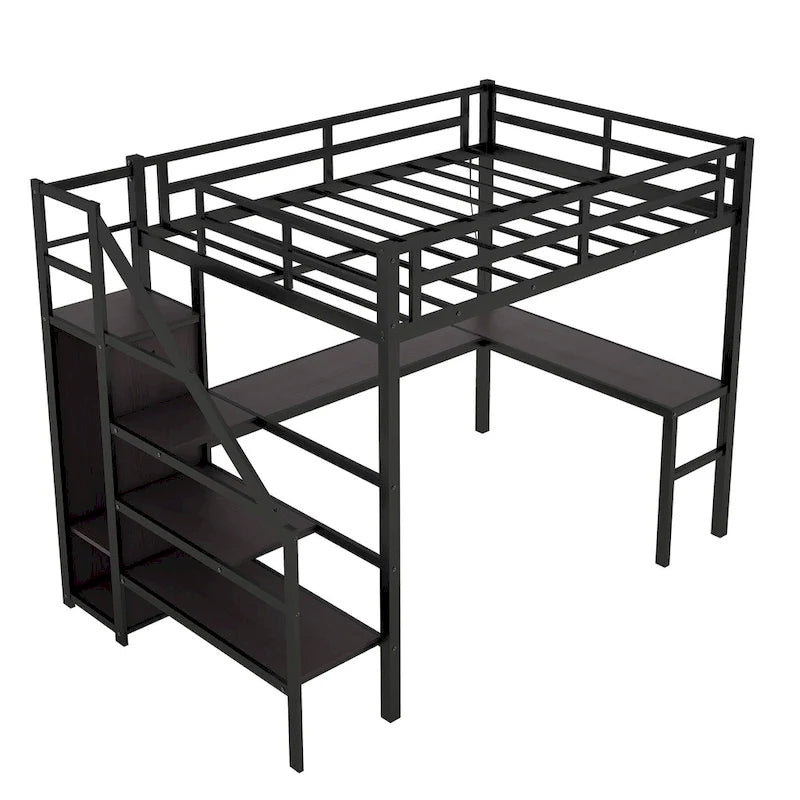 Lit mezzanine noir double XL en métal avec bureau en L, armoire, escalier, USB et LED