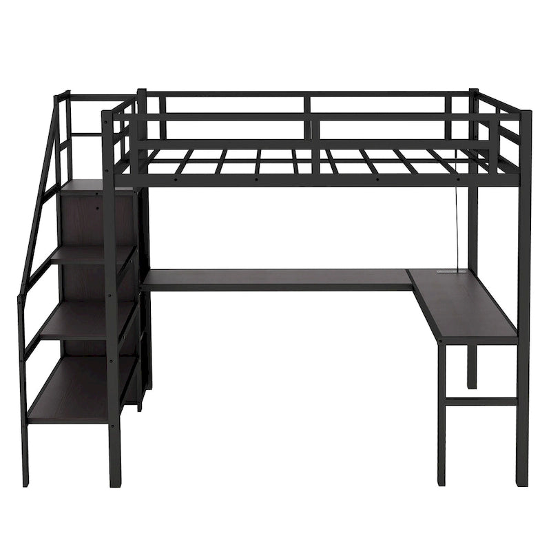 Black Twin XL Metal Loft Bed with L-Shaped Desk, Wardrobe, Stairs, USB and LED