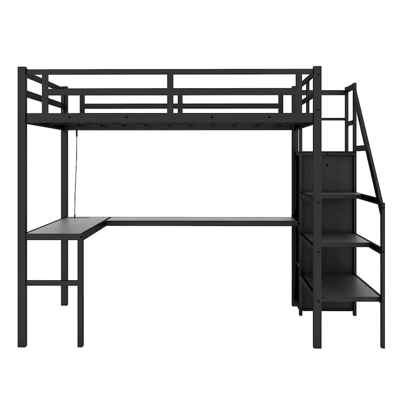 Black Twin XL Metal Loft Bed with L-Shaped Desk, Wardrobe, Stairs, USB and LED