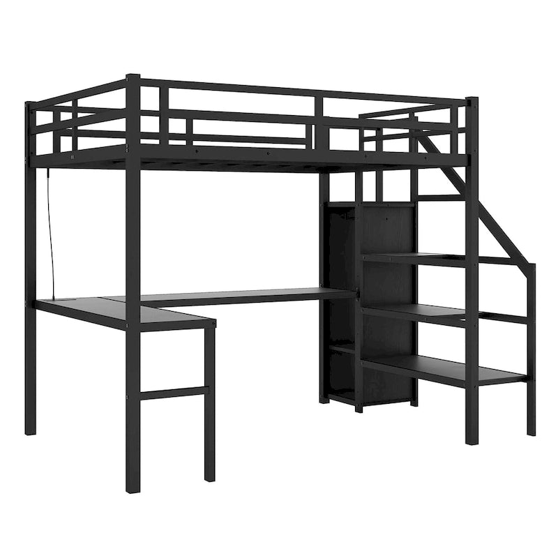 Lit mezzanine noir double XL en métal avec bureau en L, armoire, escalier, USB et LED